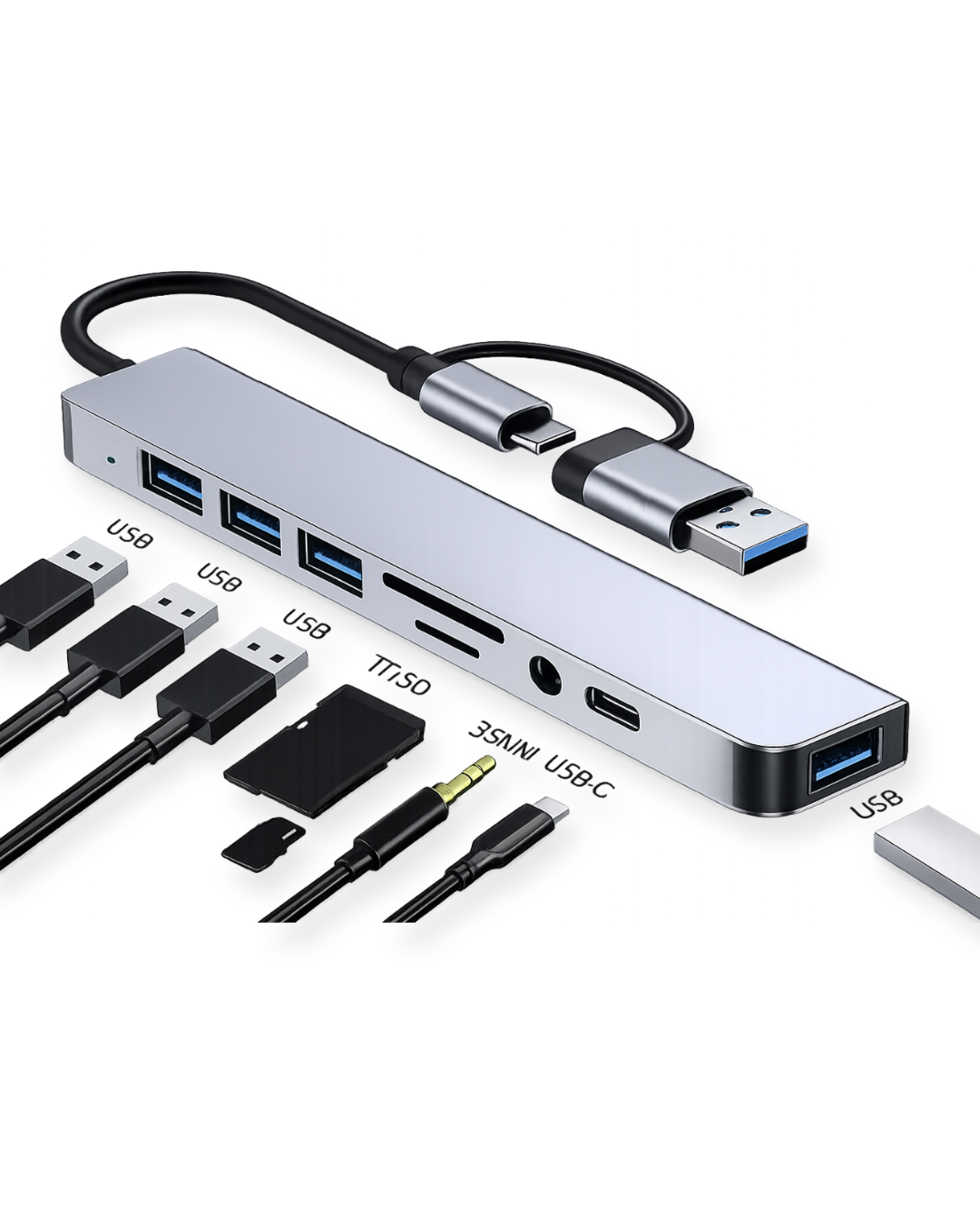 Multipuerto Adaptador Hub 8 En 1 Usb-c 3.0 Lector Sd Aux